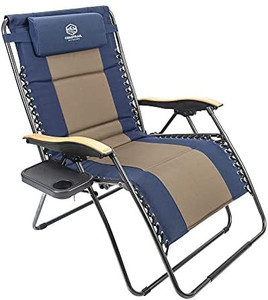 lot 7599 image: Coastrail Outdoor Zero Gravity Chair Premium Wood Armrest Padded Comfort Folding Patio Lounge Adjustable Recliner with Cup Holder & Side Table, 400lb Capacity, NavyBrown