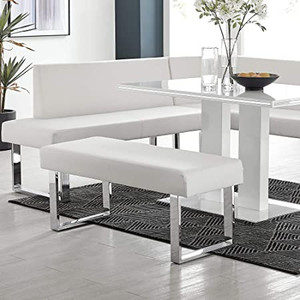 lot 7607 image: Armen Living Amanda Bench in White and Chrome Finish