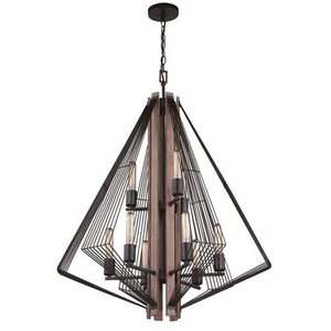 lot 3520 image: Dearborn 9 Light 2 Tier Black Wood Industrial Wire Cage Chandelier - 28.5-in W x 37-in H x 28.5-in D- Retail$131.99
