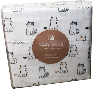lot 3652 image: Tiny Paws Twin Sheet Set, 1 Flat Sheet, 1 Fitted Sheet, 1 Pillowcase, White With Cats