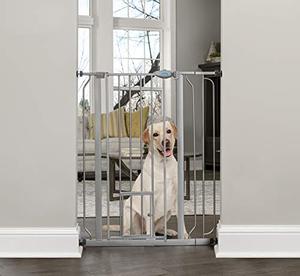 lot 27491 image: Carlson Extra Tall Walk Through Pet Gate with Small Pet Door, Includes 4-Inch Extension Kit, 4 Pack Pressure Mount Kit and 4 Pack Wall Mount Kit, Platinum