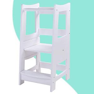 lot 27515 image: EGREE Toddlers Kitchen Step Stool with Safety Rail Kids Wooden Standing Tower for Kitchen Counter and Bathroom Sink, 3 Heights Adjustable Step Up Stool Mothers Helper, Solid Wood Construction, White