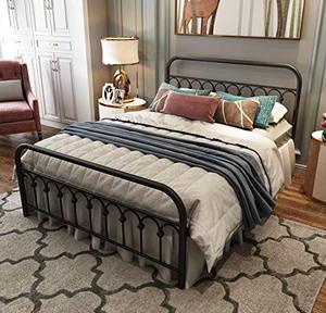 lot 34365 image: TUSEER Metal Bed Frame Queen Size with Vintage Headboard and Footboard Platform Base Wrought Iron Bed Frame (Queen,Black).