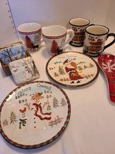 lot 1208 image: Holiday mugs, plates, coasters