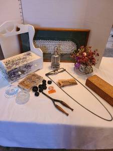 lot 1228 image: Antique curling iron, muskrat pelt stretcher, salt cellars, miniature lifts, more