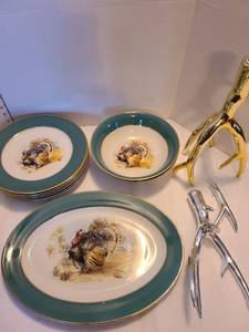 lot 1229 image: Turkey platter, plates, serving bowls, candle holders, one needs glued
