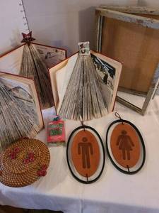 lot 1307 image: His and her restroom hangers, shadow box with no glass, crafty trees made from books