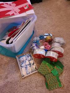lot 1336 image: 60 qt. bin with lid, gift boxes, tags, ribbon, tissue paper