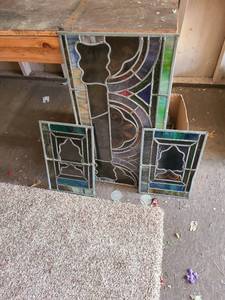 lot 3045 image: Stained glass one is 16x32 and two are 11x17. Includes box of pieces