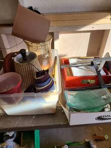 lot 3046 image: Belts, lamp shades, music box needs repaired and disks, sconce, small display mirrors, more