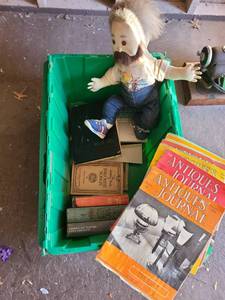 lot 3047 image: Bin of old books, yearbooks, homemade doll, magazines