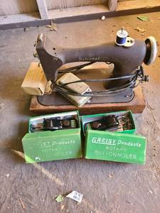 lot 3048 image: Vintage National sewing machine with two buttonholers