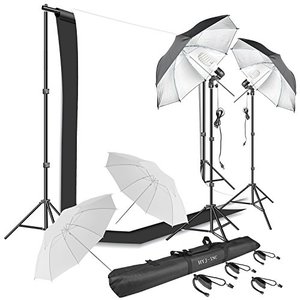 lot 21643 image: HYJ-INC Photography Umbrella Continuous Lighting Kit,Muslin Backdrop Kit(White Black), Backdrop Clips Clamp,10ft Photo Background Photography Stand System for Photo Video Studio Shooting- Retail $92