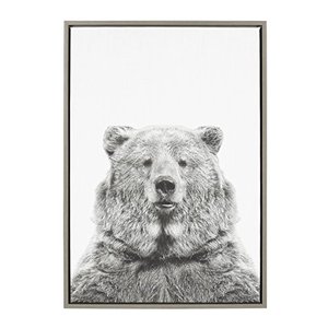 lot 21657 image: Kate and Laurel - Sylvie Bear Animal Print Black and White Portrait Framed Canvas Wall Art by Simon Te Tai, Gray 23x33- Retail $69