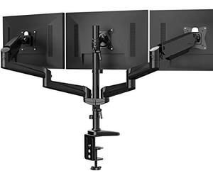 lot 21666 image: HUANUO Triple Monitor Stand - Full Motion Articulating Aluminum Gas Spring Monitor Mount Fit Three 17 to 32 inch FlatCurved LCD Computer Screens with Clamp, Grommet Kit, Black- Retail $109