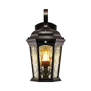 lot 21672 image: Euri Lighting EFL-130W-MD Flickering Flame Lantern, Water Glass, with Integrated Security Light (3000K), Photocell and Motion-Sensor (Dusk-to-Dawn), Oil Rubbed Bronze Housing- Retail $67