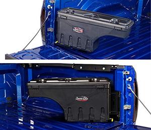 lot 21679 image: UnderCover SwingCase Truck Bed Storage Box  SC100P  Fits 2007 - 2021 ChevyGMC SilveradoSierra 25003500HD Passenger Side , Black- Retail $199