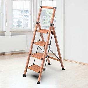 lot 21682 image: 4 Steps Lightweight Aluminum Ladder Folding Step Stool Stepladders with Anti-Slip and Wide Pedal for Home and Kitchen Use Space Saving (Woodgrin)- Retail $100