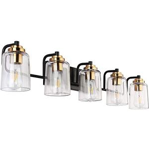 lot 21683 image: SOLFART Vintage Wall Bathroom Vanity Light Black Metal with Clear Glass Bronze Fixtures Wall Mount Lighting Sconce (7600-5 Lights)- Retail $128