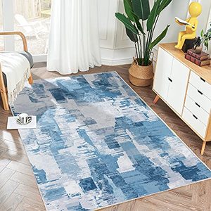 lot 21717 image: JINCHAN Area Rug 3x5 Door Mat Bathroom Rug Blue Contemporary Floor Cover Modern Patchwork Indoor Mat Soft Accent Rug Non Skid Carpet for Living Room Entryway Bedroom Kitchen Dining Room