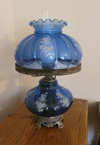 lot 103 image: Vintage Blue Glass Victorian Style 3 Way Lamp 26 Tall