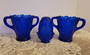lot 105 image: 3 Vintage Cobalt Blue Glass, Inverted Strawberry Design