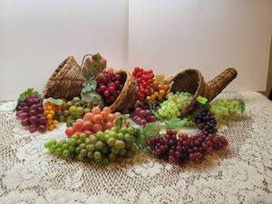 lot 113 image: 3 Cornucopias with Faux Fruits and Vegetables