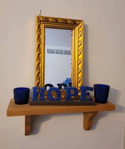 lot 115 image: Mirror, 2 Cobalt Blue Glass Votive Holders, Wooden Shelf Home Decor