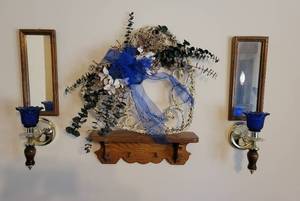 lot 116 image: 2 Cobalt Blue Glass Wall Sconces, 2 Mirrors, Wooden Shelf, and Decor