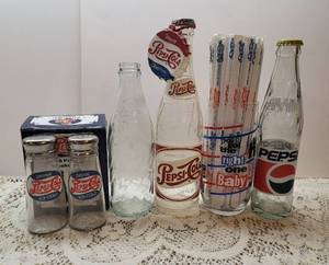 lot 130 image: 3 Pepsi Cola Bottles, Pepsi Cola Glass with Straws, and Pepsi Cola Salt and Pepper Shakers