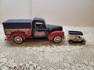 lot 132 image: 1940 Ford Pepsi Cola Metal and Plastic Truck Bank by Golden Wheel Diecast and Small Pepsi Cola Truck by Golden Wheel Diecast