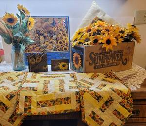 lot 210 image: Sunflower Decor (Puzzle, Quilted Table Runners, Throw Pillow, and Decor)