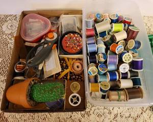 lot 236 image: Sewing Supplies (Thread, Scissors, Pins, and Pin Cushions)