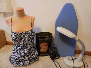 lot 259 image: Ironing Board, Iron, Metal Trashcan, Sewing Desk Light, Model Upper Body
