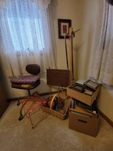 lot 262 image: Hall Tree, 2 Canes, TV Tray, Picture Frames, Baskets, Chair, and Shelf