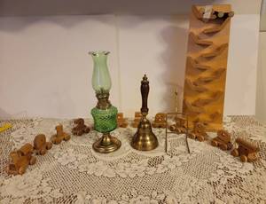 lot 301 image: Brass Bell, Oil Lamp, Wood Train