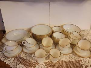 lot 327 image: 54 Piece Fire King Dishes 12 Dinner Plates, 12 Coffee Cups, 12 Bowls, 12 saucers, 1 Platter, 3 Serving Bowls, and Cream and Sugar Dishes