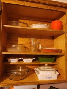 lot 344 image: Contents of Kitchen Cabinet (Pyrex, Fire King, Corning Ware, Anchor Hocking) BRING YOUR OWN BOXES