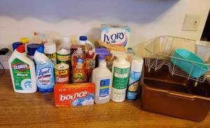lot 373 image: Cleaning Supplies, Laundry Supplies, Air Fresheners, Dish Pan, and Drainer