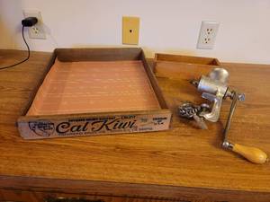 lot 380 image: Wooden Kiwi Box, Cheese Box, and Universal Food Grinder