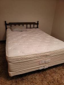 lot 427 image: Queen Sized Bed with Headboard, Frame, Clean Pillowtop Mattress, and Box spring, Located in Basement