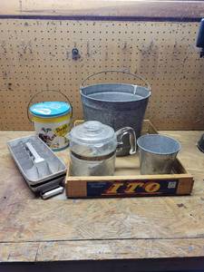 lot 478 image: Galvanized Buckets, Kiwi Crate, Coffee Pot, PB Can, And Ice Trays
