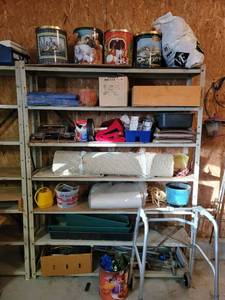 lot 516 image: Shelf and Contents (Medical Supplies, 2 tarps, tools, faux flowers, stadium seats, lawn and garden, etc.)