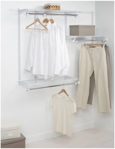 lot 7428 image: Rubbermaid Configurations Classic Closet Kit, White, 3-6 Ft., Wire Shelving Kit with Expandable Shelving and Telescoping Rods, Custom Closet Organization System, Easy Installation