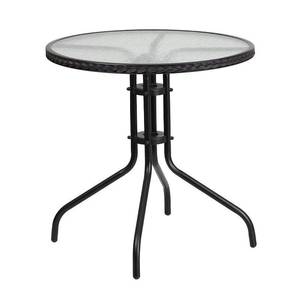 lot 7454 image: Flash Furniture 28 Round Tempered Glass Metal Table with Black Rattan Edging