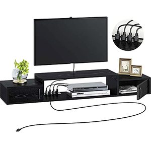 lot 10652 image: Rolanstar Wall Mounted TV Shelf with Power Outlet, 47 Floating TV Stand with Storage, Media Console Shelf Entertainment Storage Shelf for Living Room, Bedroom, Black