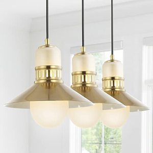 lot 20473 image: JONATHAN Y JYL6121A Colin 3-Light 35 Adjustable IronGlass Retro Hurricane Triple LED Pendant, Glam, Scandinavian, Minimalist, Modern, Dimmable, for Kitchen, Living Room, Brass Gold