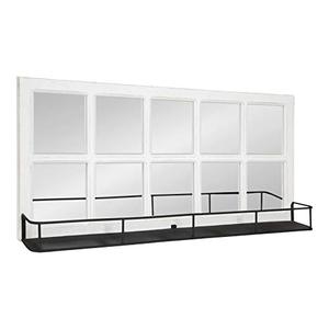 lot 20476 image: Kate and Laurel Jackson Casual Farmhouse Solid Wood 10 Windowpane Mirror with Distressed Black Metal Shelf, 40x18, Coastal White