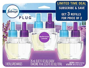 lot 22715 image: Febreze Plug in Air Fresheners, Mediterranean Lavender, Odor Eliminator for Strong Smell, 150 Day Supply, Scented Oil Refill, 0.87 Fl Oz, 3 Count