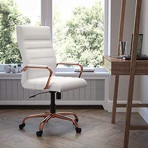lot 22731 image: Flash Furniture High Back Desk Chair - White LeatherSoft Executive Swivel Office Chair with Rose Gold Frame - Swivel Arm Chair